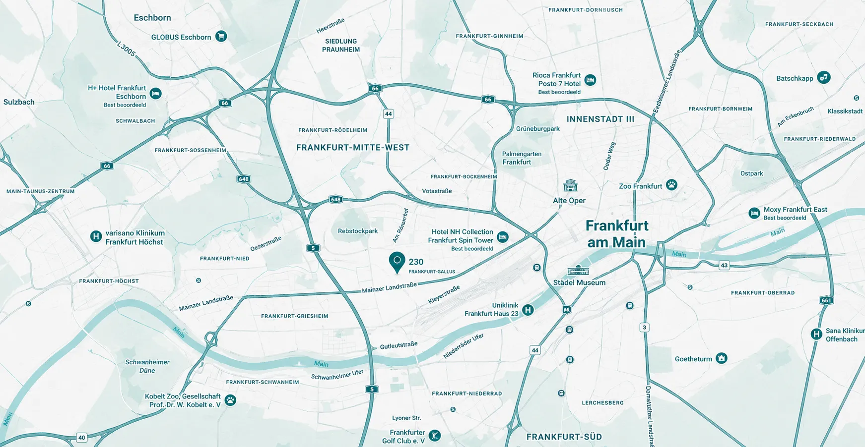 Stadtplan von Frankfurt am Main mit der Lage der Kanzlei in der Frankenallee 230 im Stadtteil Gallus