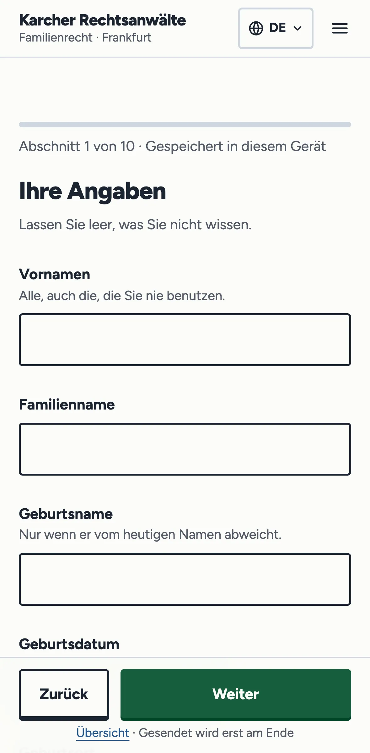 Erster Abschnitt des Scheidungsformulars auf dem Handy, mit Feldern für Vornamen, Familienname und Geburtsname