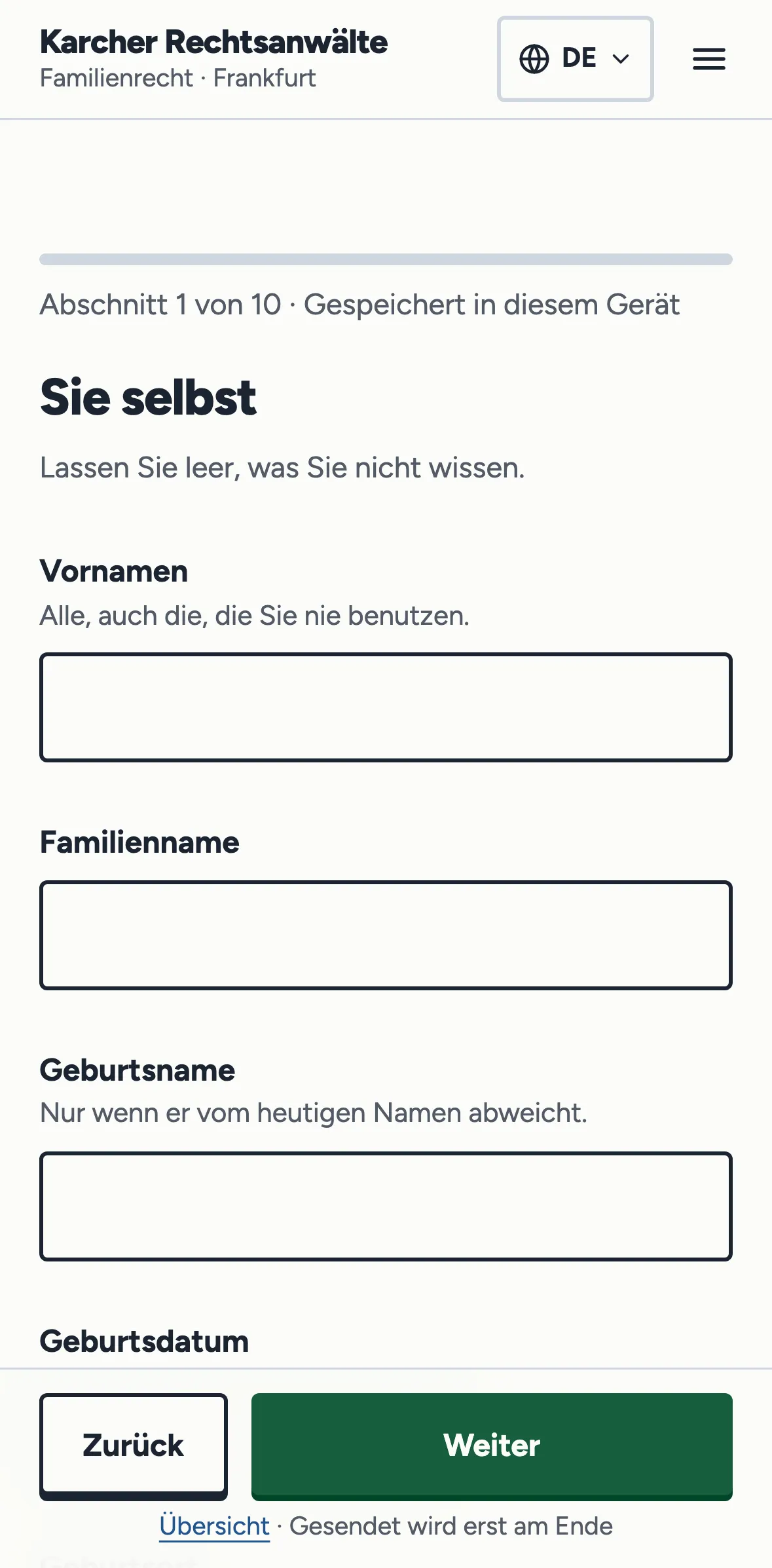 Erster Abschnitt des Scheidungsformulars auf dem Handy, mit Feldern für Vornamen, Familienname und Geburtsname