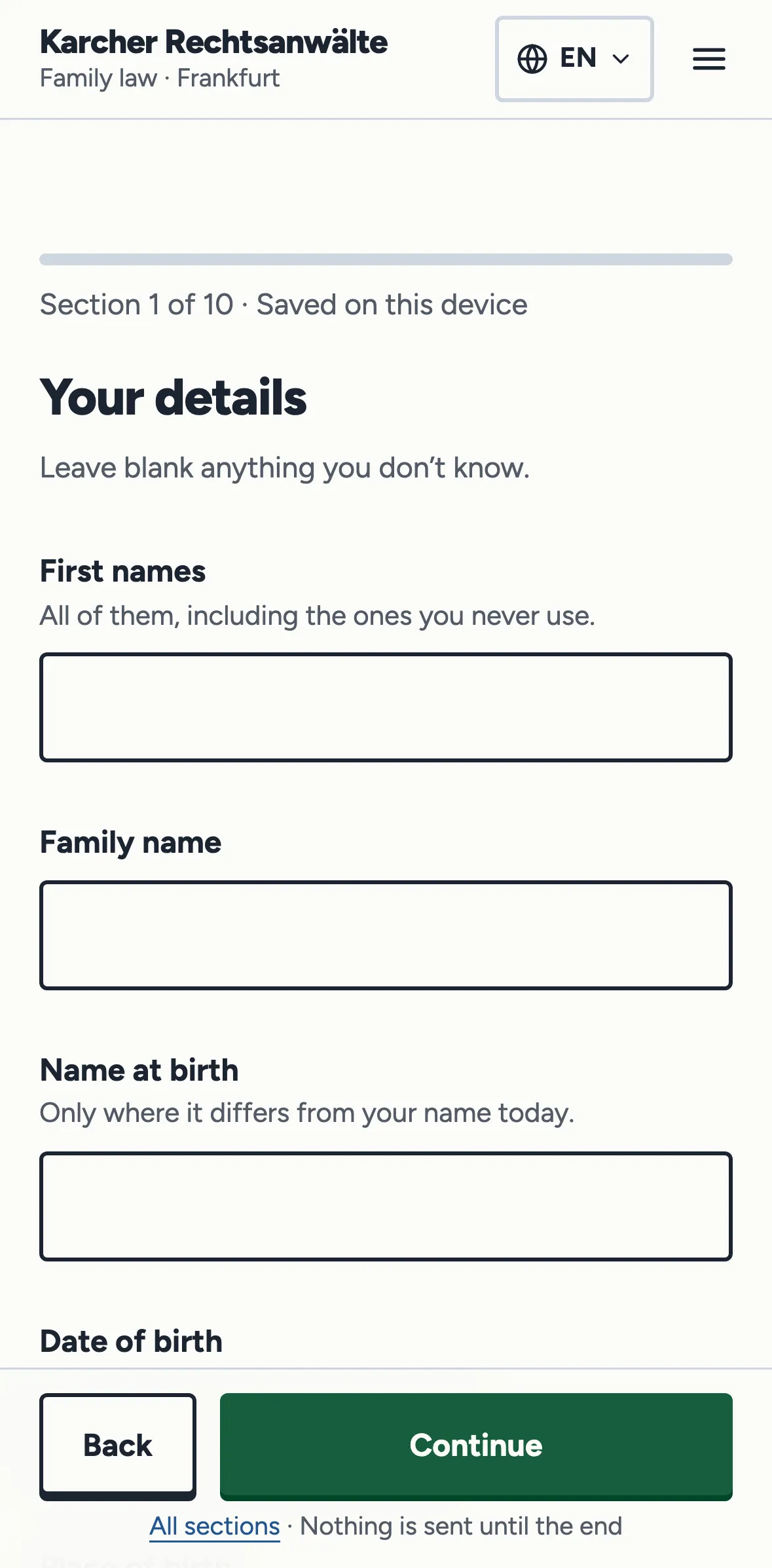 The first section of the intake form on a phone, with fields for first names, family name and name at birth