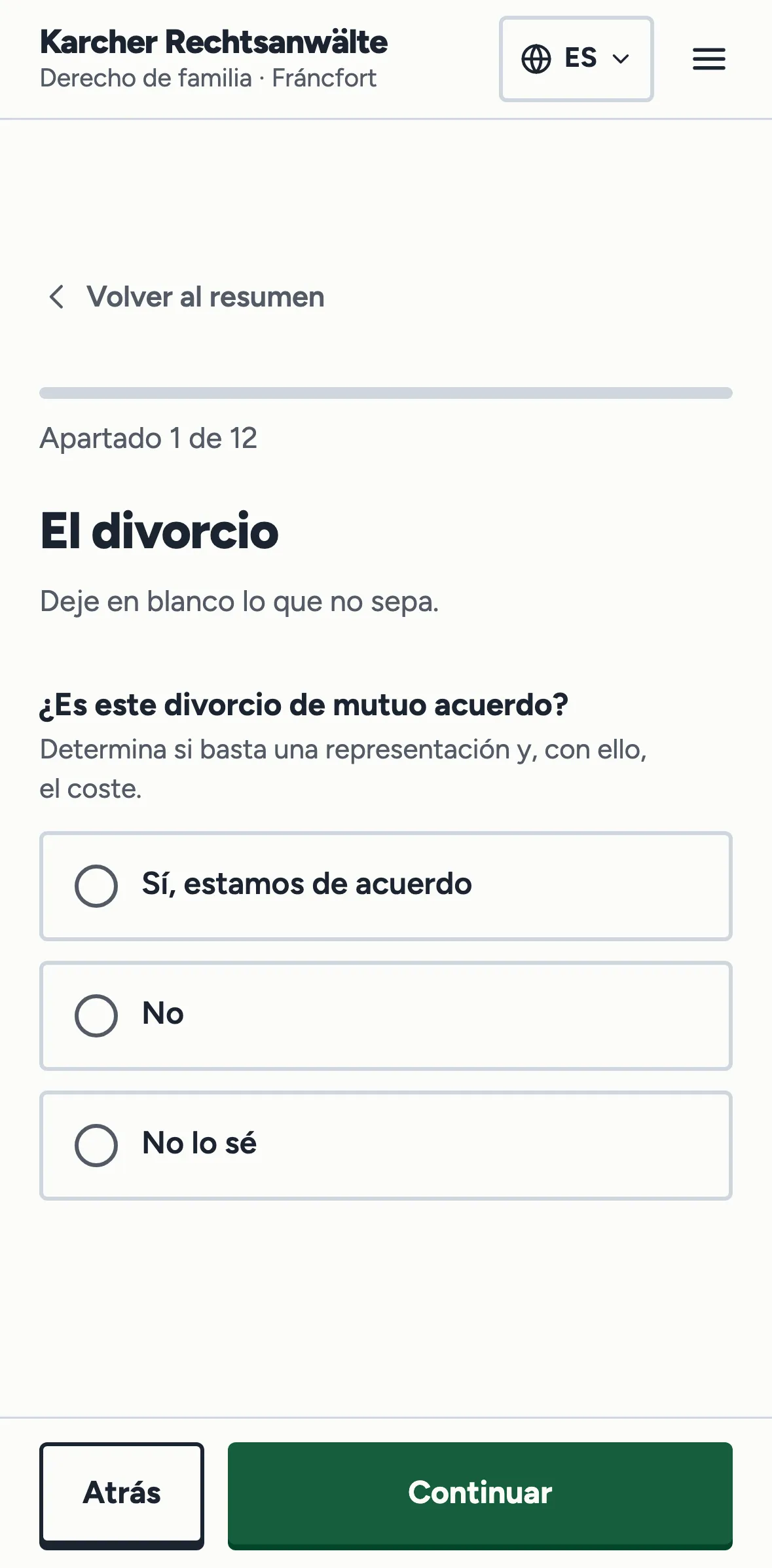 Primera sección del formulario de divorcio en el móvil, con la pregunta de si el divorcio es de mutuo acuerdo