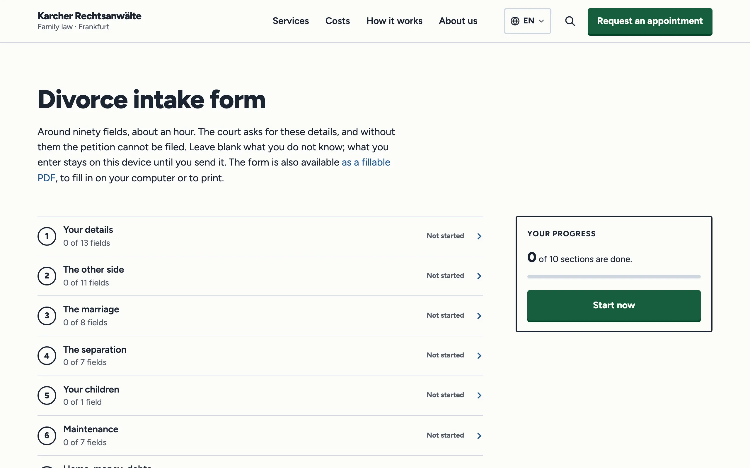 Overview of the intake form on a computer, with the first sections and the “Your progress” box