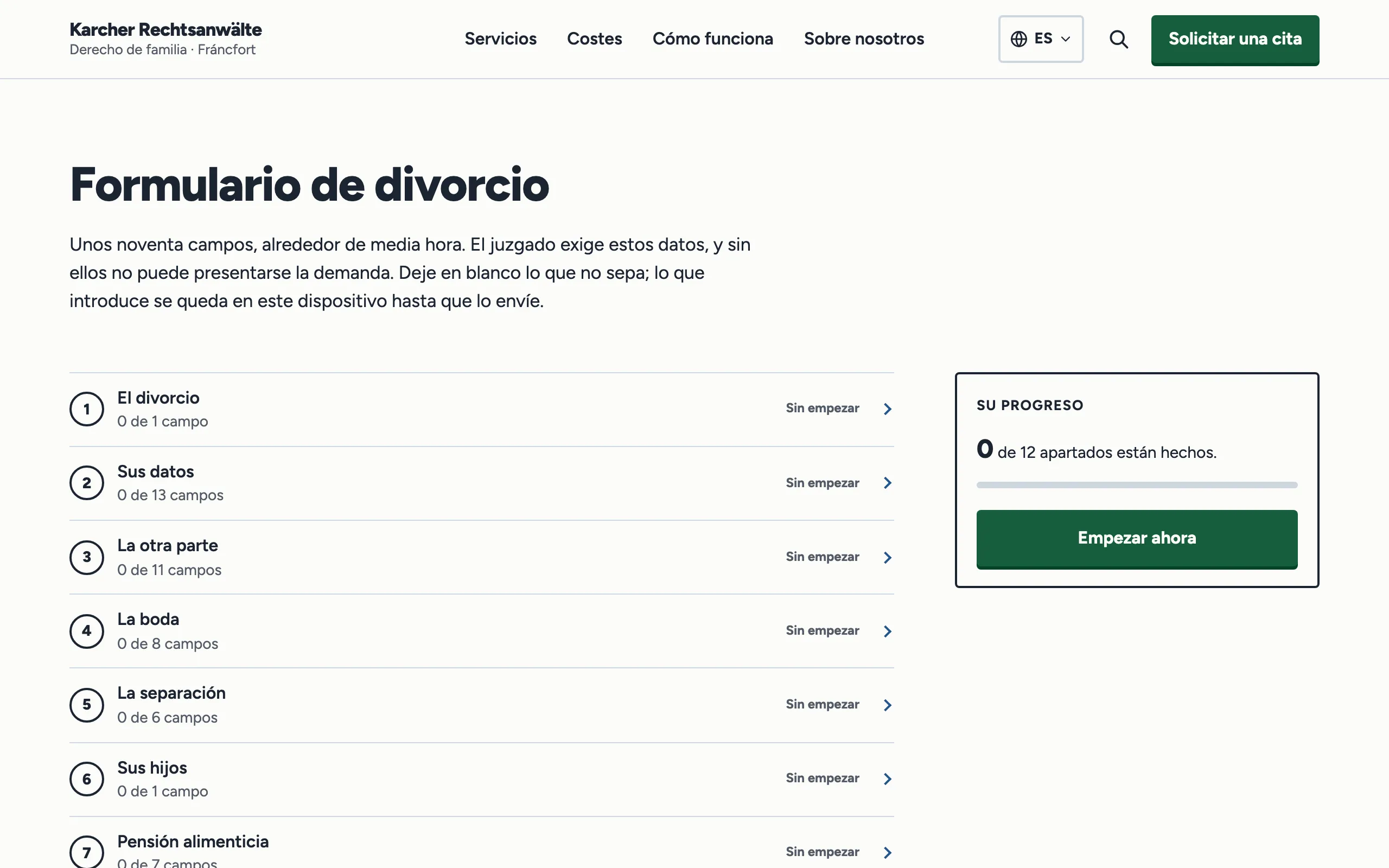 Vista general del formulario de divorcio en el ordenador, con las primeras secciones y el recuadro «Su progreso»