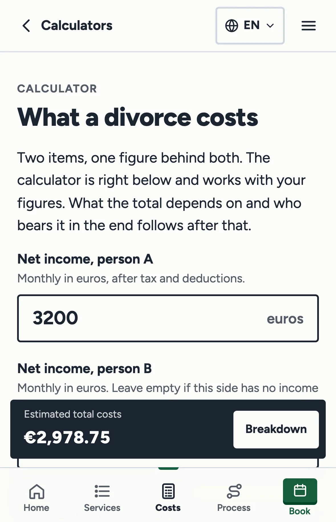 The cost calculator on a phone, with two net incomes and the estimated total below