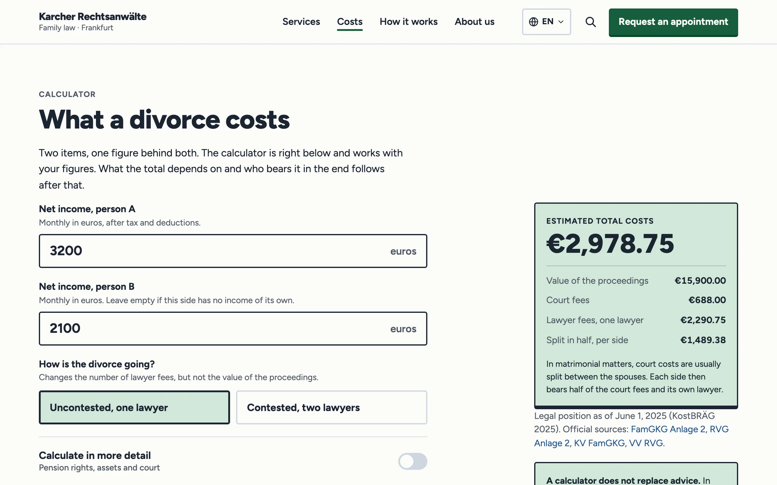 The cost calculator on a computer, with the inputs on the left and the estimated total costs, including court and lawyer fees, on the right