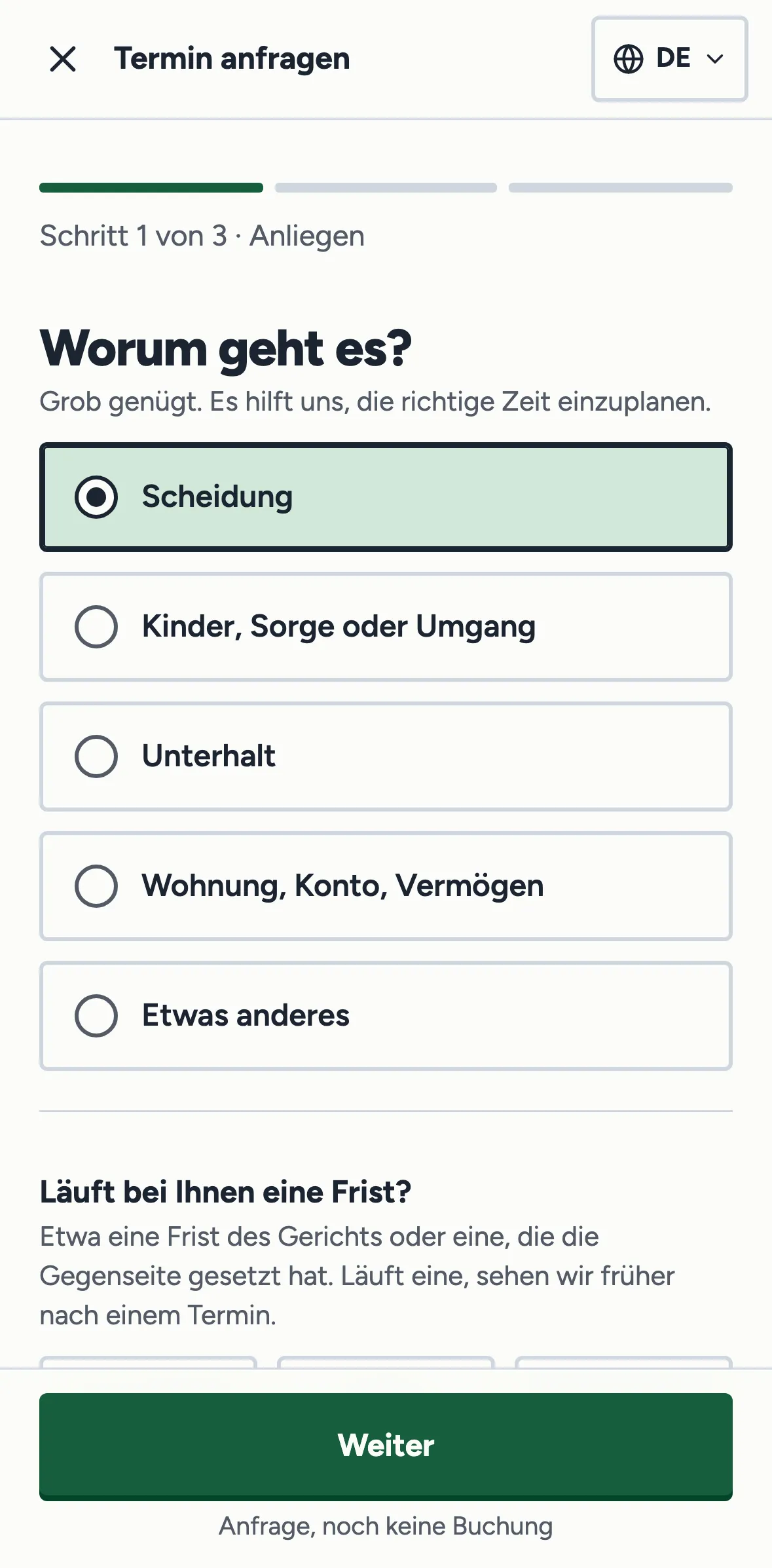 Terminanfrage auf dem Handy, erster Schritt „Worum geht es?“ mit ausgewählter Scheidung