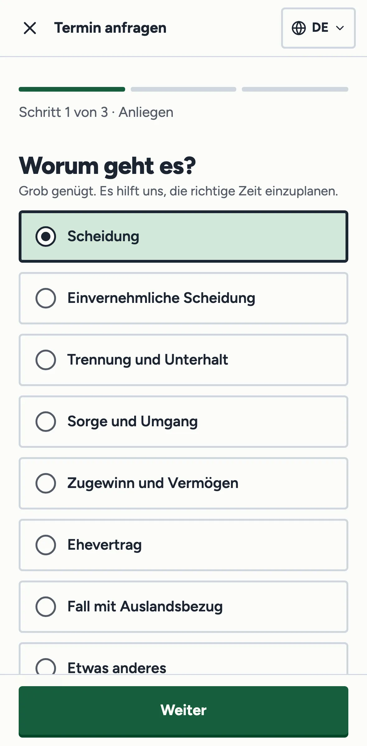 Terminanfrage auf dem Handy, erster Schritt „Worum geht es?“ mit ausgewählter Scheidung