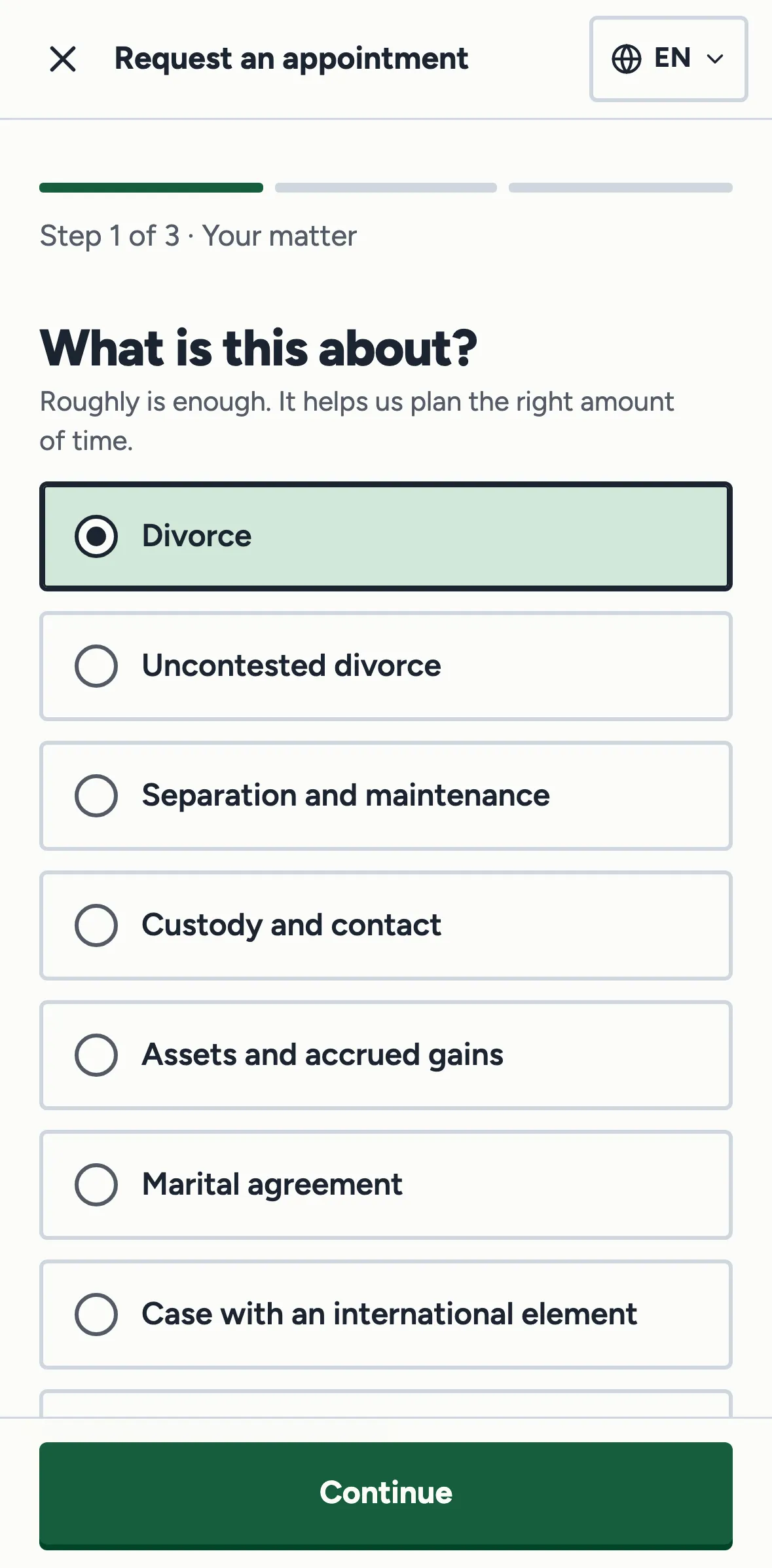 Appointment request on a phone, first step “What is this about?” with divorce selected