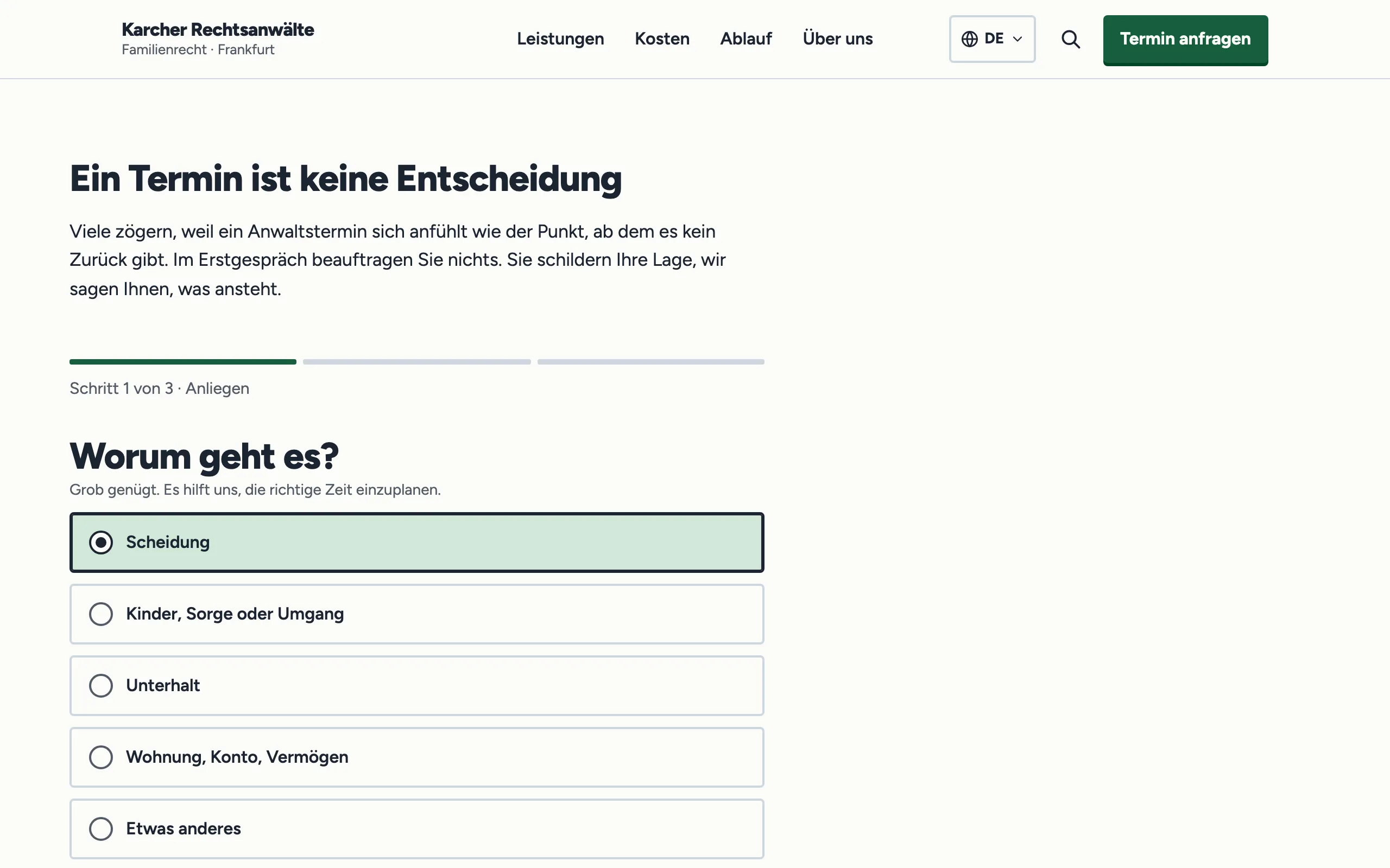 Terminanfrage am Computer, erster Schritt „Worum geht es?“ mit ausgewählter Scheidung