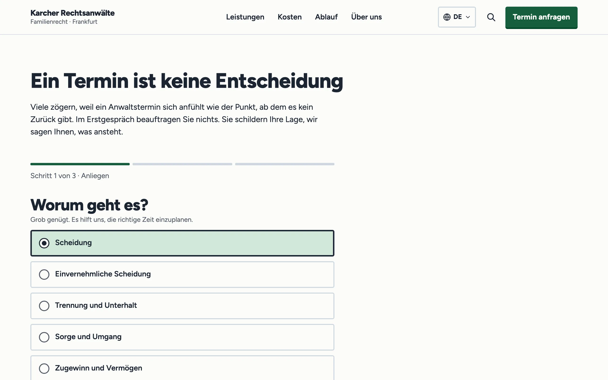 Terminanfrage am Computer, erster Schritt „Worum geht es?“ mit ausgewählter Scheidung